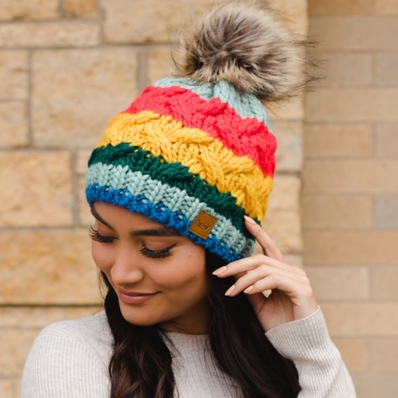 Accessories - SOLD OUT Rainbow Cable Knit Fleece Lined Faux Fur Pompom Beanie Women's Hat
